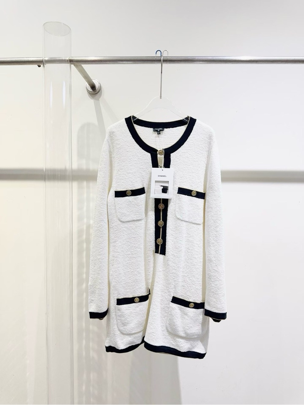 CHANEL White Bouclé Long Cardigan with Black Trim